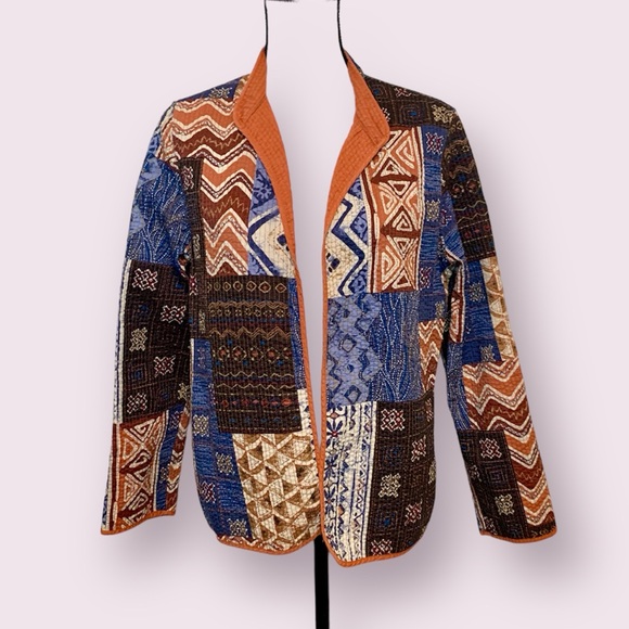 Alfred Dunner Jackets & Blazers - Alfred Dunner Patchwork Print Quilted Jacket Blazer Blue Brown Orange Size 12